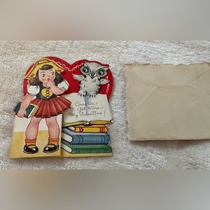 Antique 1900’s A-Meri-Card Valentines Day Card With Envelope Girl, Heart, Owl